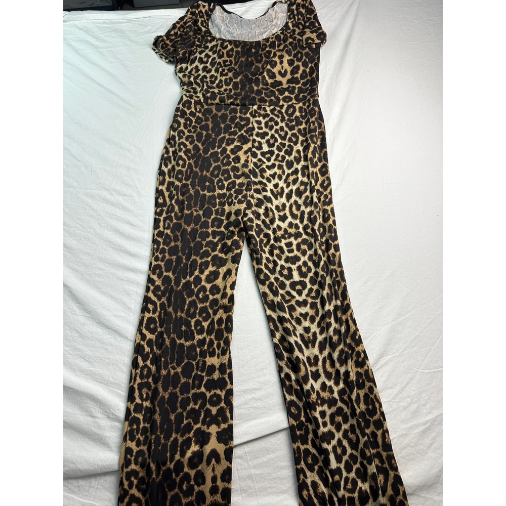 Petite Leopard Print Short Sleeve Wide Leg Jumpsuit Size L Brown Black EEE-15